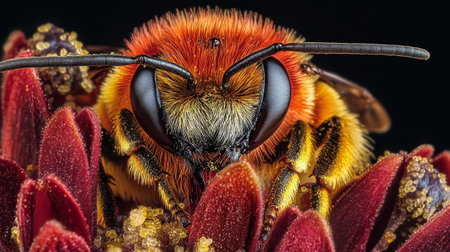 Close-up of a bee on a red protea flower.