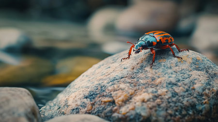 Beetle on the stone in the river. Selective focus.