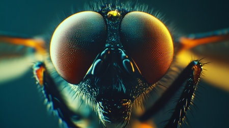 Macro photo of a fly's head on a dark background.の写真素材