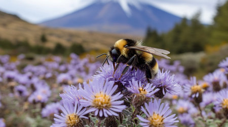 Bumblebee on a purple flower with Mount Fuji in the background