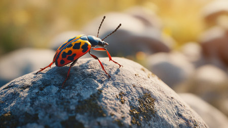 Close up of a scarlet beetle on a rock in the sunlight