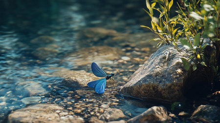 Blue dragonfly sitting on a rock in the middle of a riverの写真素材