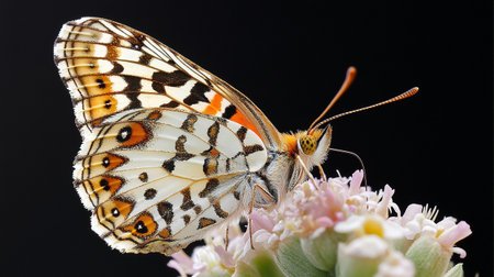 Butterfly on a flower on a black background close-up