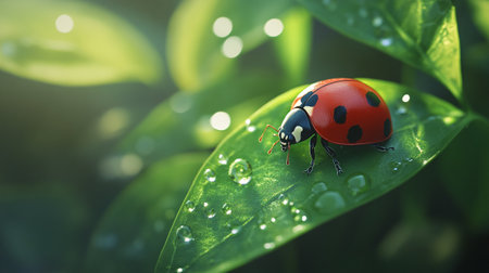 ladybug on green leaf with dew drops, nature background