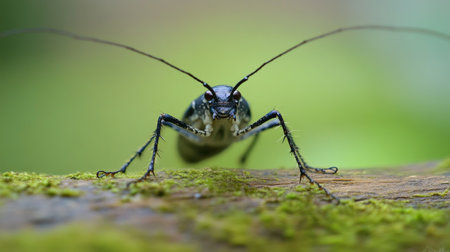 Macro shot of a beetle on a mossy piece of woodの写真素材