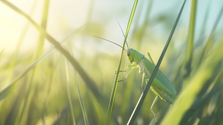 Green grasshopper on a blade of grass in the morning.の写真素材