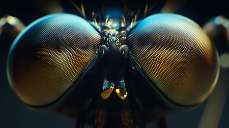 Macro shot of a fly's head with a black background.の写真素材