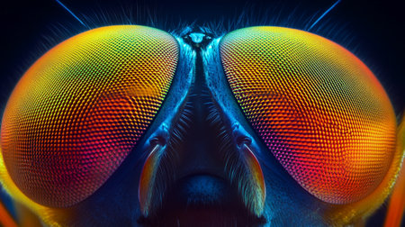 Close-up of the eye of a fly in neon light.の写真素材