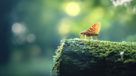 Butterfly on moss in the forest, vintage color tone.