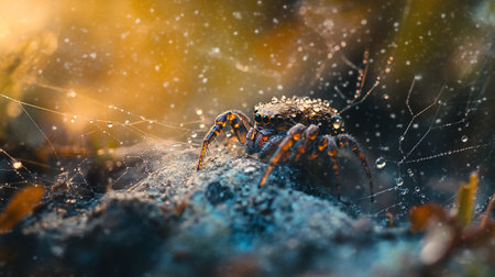 Spider on the web in the forest. Macro, shallow depth of fieldの写真素材