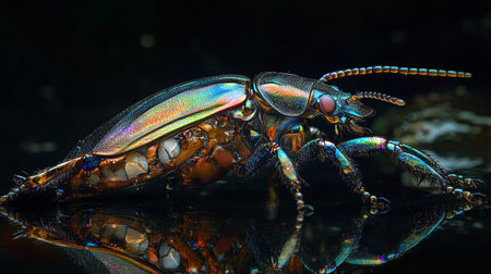 Macro shot of a scarab beetle on reflective surface with reflectionの写真素材