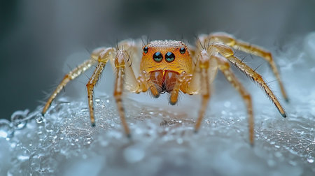 Macro shot of jumping spider in water droplets on a spider webの写真素材