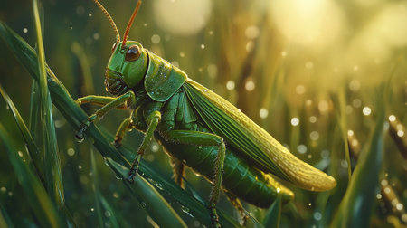 Grasshopper on the grass in the meadow at sunset