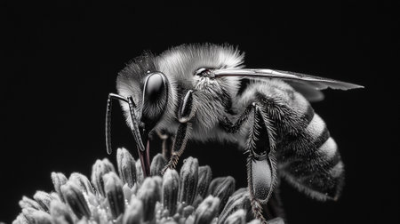 Macro of a bee on a flower. Black and white.