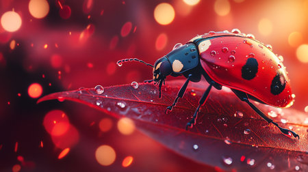 Beautiful red ladybug on red leaf with bokeh background