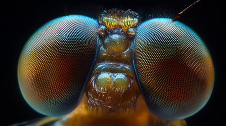 Macro shot of a dragonfly head on a black background.の写真素材