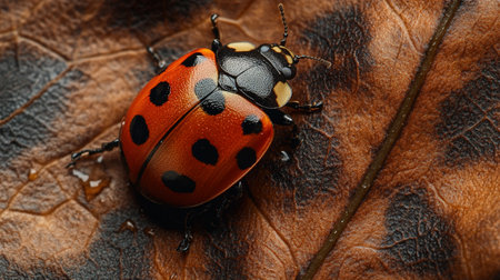ladybug on brown leaf macro close up. natural background.