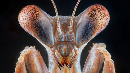 Macro shot of a praying mantis on black background, 3d render