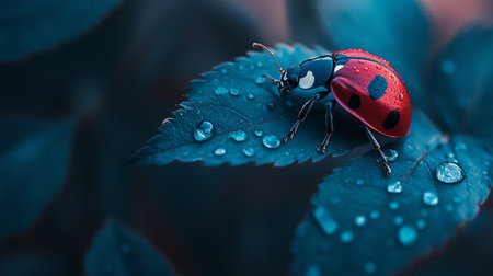 Beautiful red ladybug on green leaf with dew drops closeupの写真素材