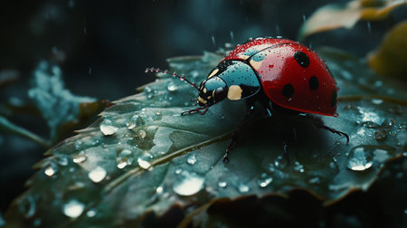 ladybug on a green leaf in the rain close-up