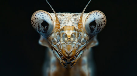 Close up of the head of a praying mantis on black background