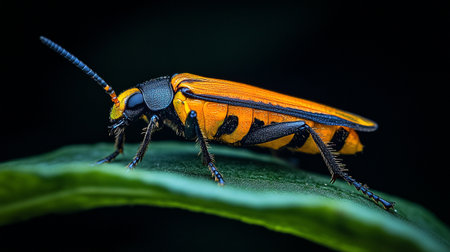 Macro of a black and orange beetle on a green leaf.