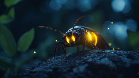 Close-up of a black beetle on a rock in the darkの写真素材