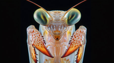 Close up of a praying mantis isolated on a black background.