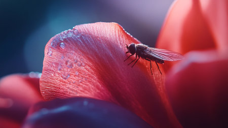 Fly on a red tulip with water drops on petals.