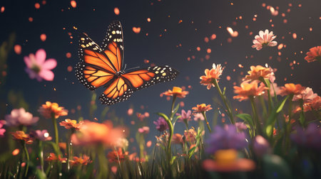 Butterfly on flower meadow. 3D Rendering.の写真素材