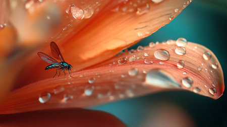Macro shot of a fly on an orange lily with water dropsの写真素材