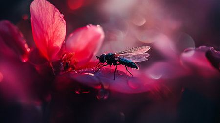 Fly on red flower in the garden with bokeh background.の写真素材