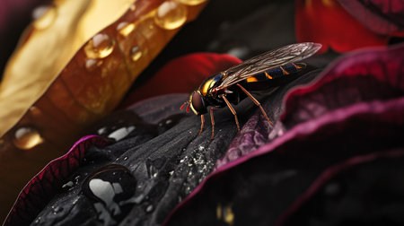 Macro shot of a hoverfly sitting on a colorful leaf.