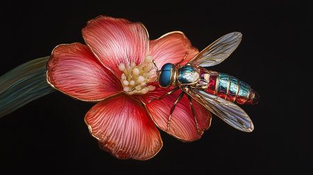 A closeup shot of a fly on a flower with a black backgroundの写真素材