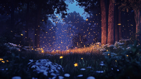 Fantasy forest at night with magic light. 3D Rendering
