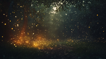 Foggy forest at night with golden light and bokeh