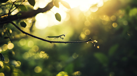 Praying mantis on a tree branch in the forest.