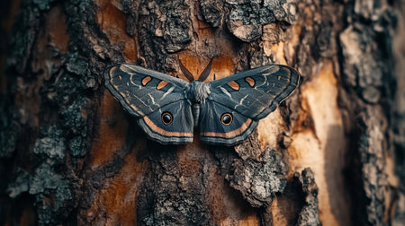 Butterfly on the bark of an old tree in the forest