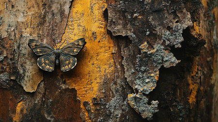 Butterfly on the bark of an old tree in the forestの写真素材