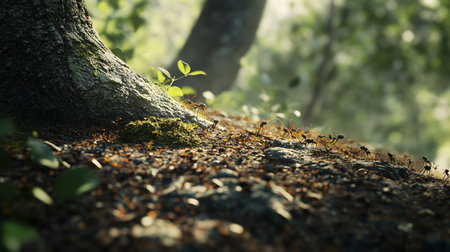Ants in the forest. Nature composition with space for text.の写真素材
