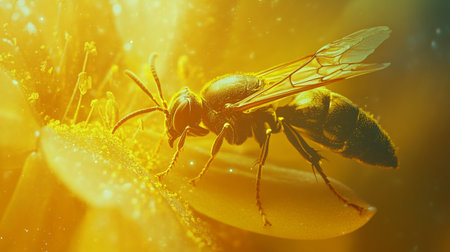 Macro shot of a bee on a flower with yellow petals