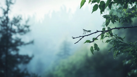 Praying mantis on a branch in the foggy forest