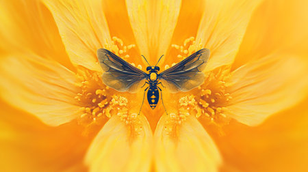 A bee on a yellow flower. Macro photo.