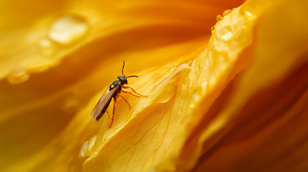 Macro shot of a bee on a yellow flower petal.