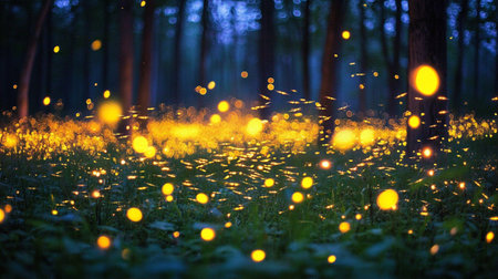 Night forest with bright yellow lights and bokeh in the foregroundの写真素材