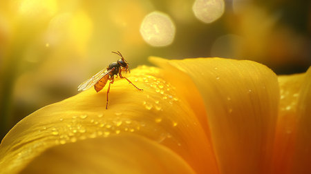 Hoverfly on yellow lily petal with bokeh
