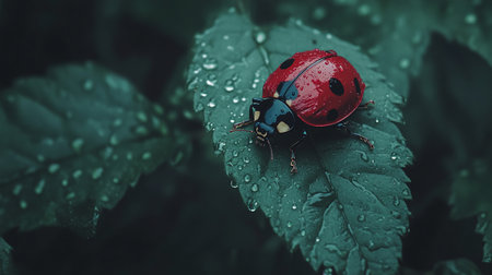 ladybug on a green leaf in the rain, macro photoの写真素材