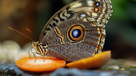 Butterfly on fruit in the morning. Vintage style.の写真素材