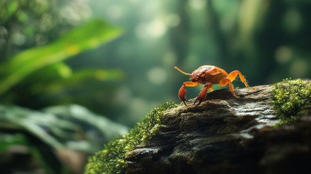 Red beetle on green moss in forest, close up. Natural background