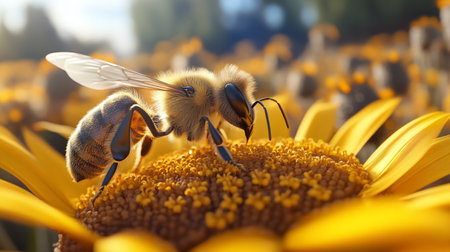 Honeybee on sunflower. Close up of bee pollinating sunflower.